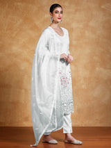 Women's White Floral Heavy Embroidered Kurta With Trouser & Dupatta