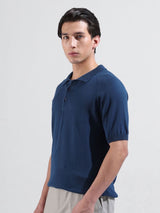 Men's Blue Slim Fit Textured Polo Collar Tshirt