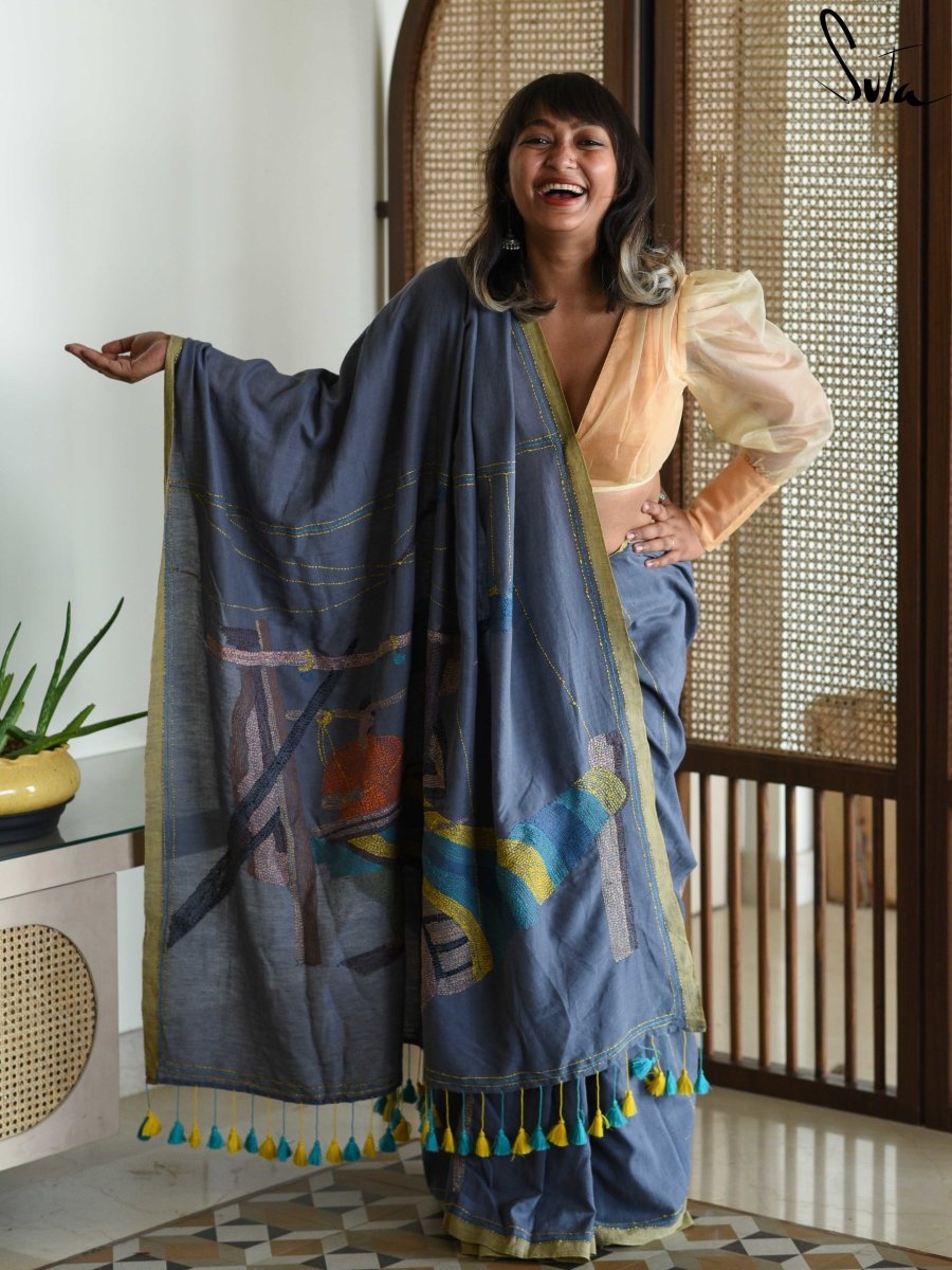 Women's Gray Cotton Saree