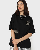 Women's Black Bearly Awake Graphic Printed Oversized Tshirt