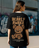 Women's Black Bearly Awake Graphic Printed Oversized Tshirt