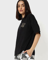 Women's Black Bearly Awake Graphic Printed Oversized Tshirt