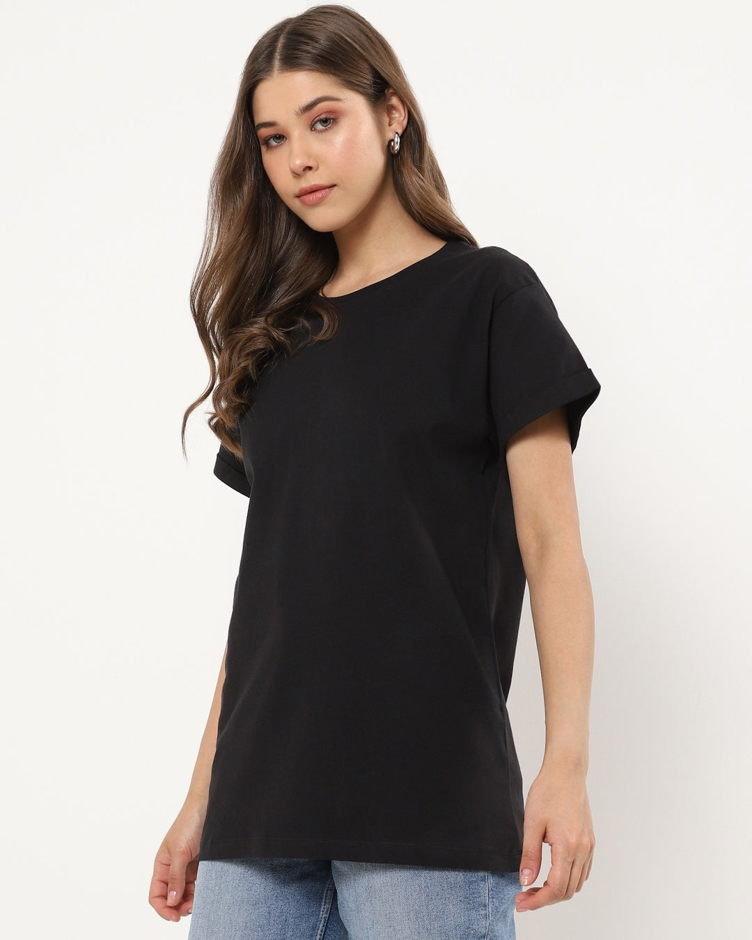 Women's Black Casual Boyfriend Fit Solid Half Sleeves Tshirt