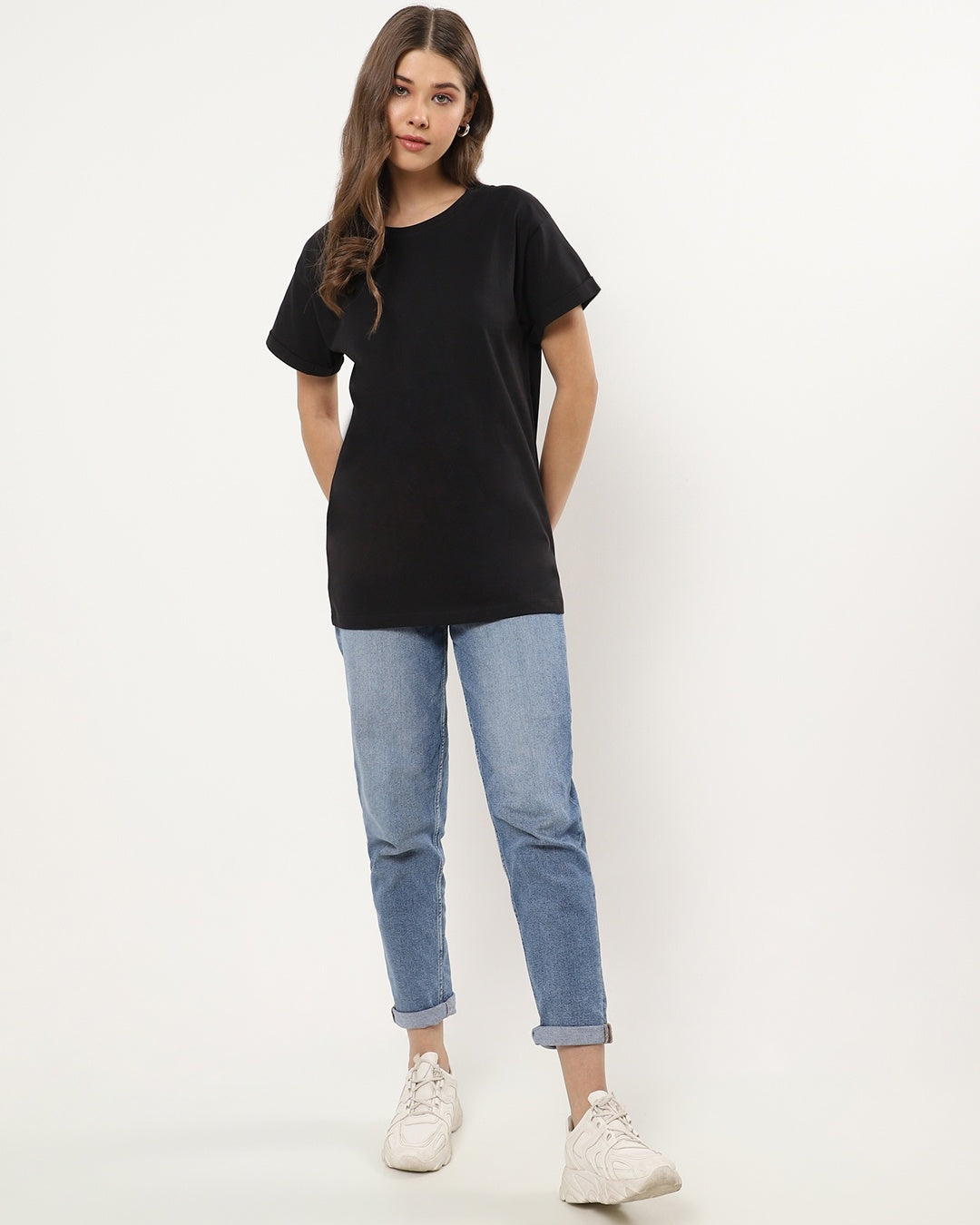 Women's Black Casual Boyfriend Fit Solid Half Sleeves Tshirt