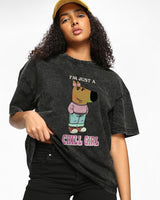 Women's Black Chill Girl Graphic Printed Oversized Acid Wash Tshirt
