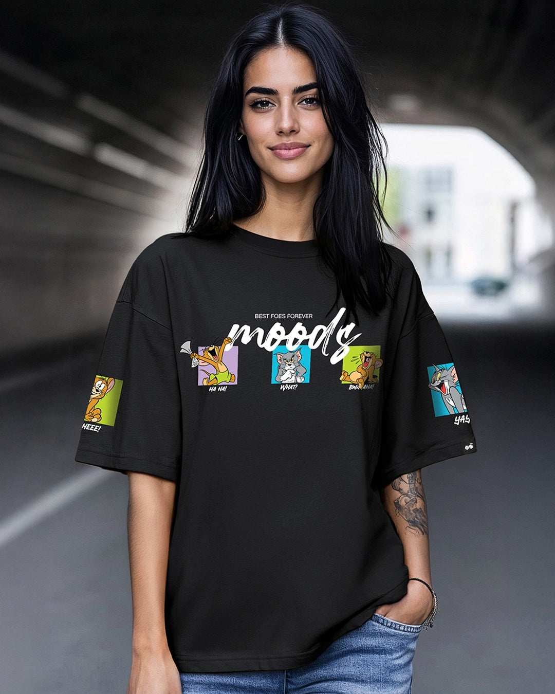 Women's Black Streetwear Half Sleeves Tshirt