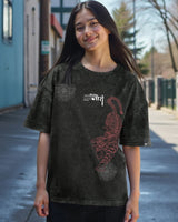Women's Black Ordinari Graphic Printed Oversized Acid Wash Tshirt