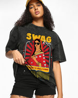 Women's Black Swag Rani Graphic Printed Oversized Acid Wash Tshirt