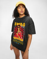 Women's Black Swag Rani Graphic Printed Oversized Acid Wash Tshirt