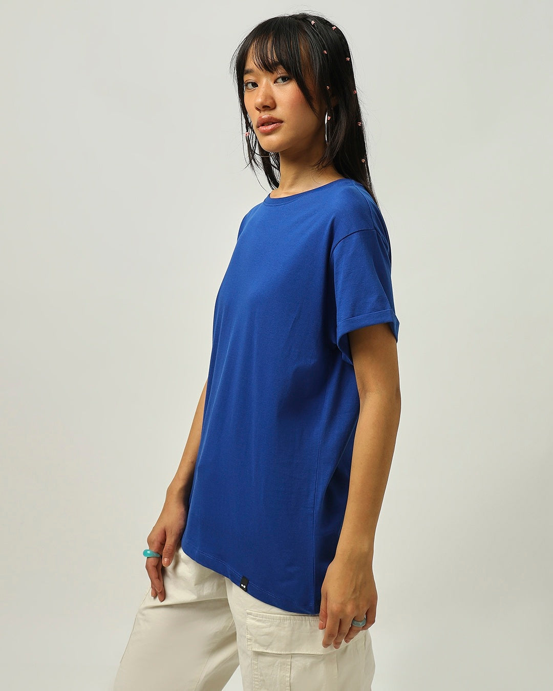 Women's Blue Casual Boyfriend Fit Solid Half Sleeves Tshirt