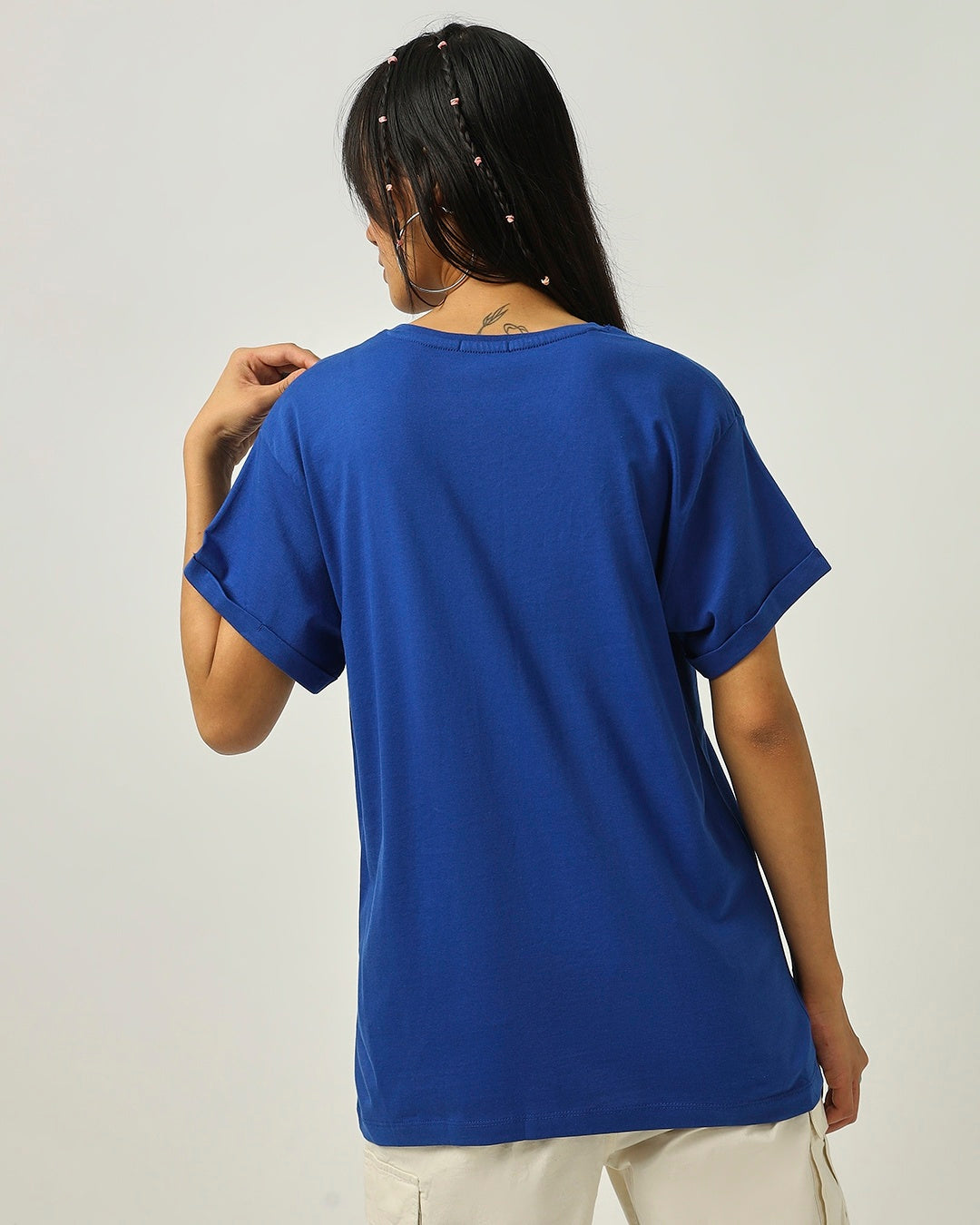 Women's Blue Casual Boyfriend Fit Solid Half Sleeves Tshirt