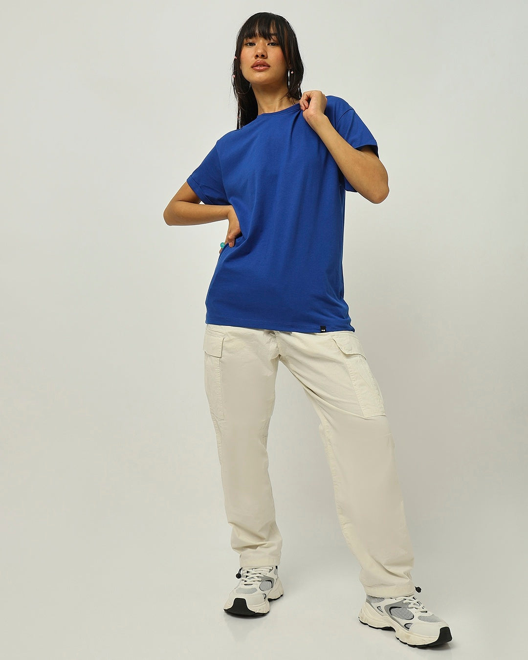 Women's Blue Casual Boyfriend Fit Solid Half Sleeves Tshirt