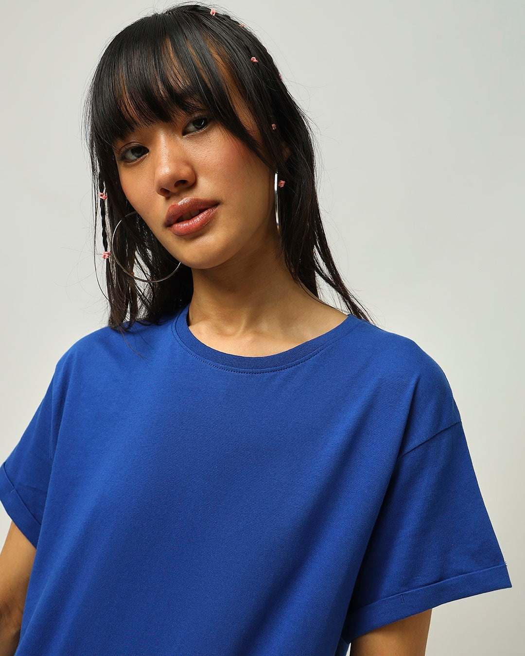 Women's Blue Casual Boyfriend Fit Solid Half Sleeves Tshirt