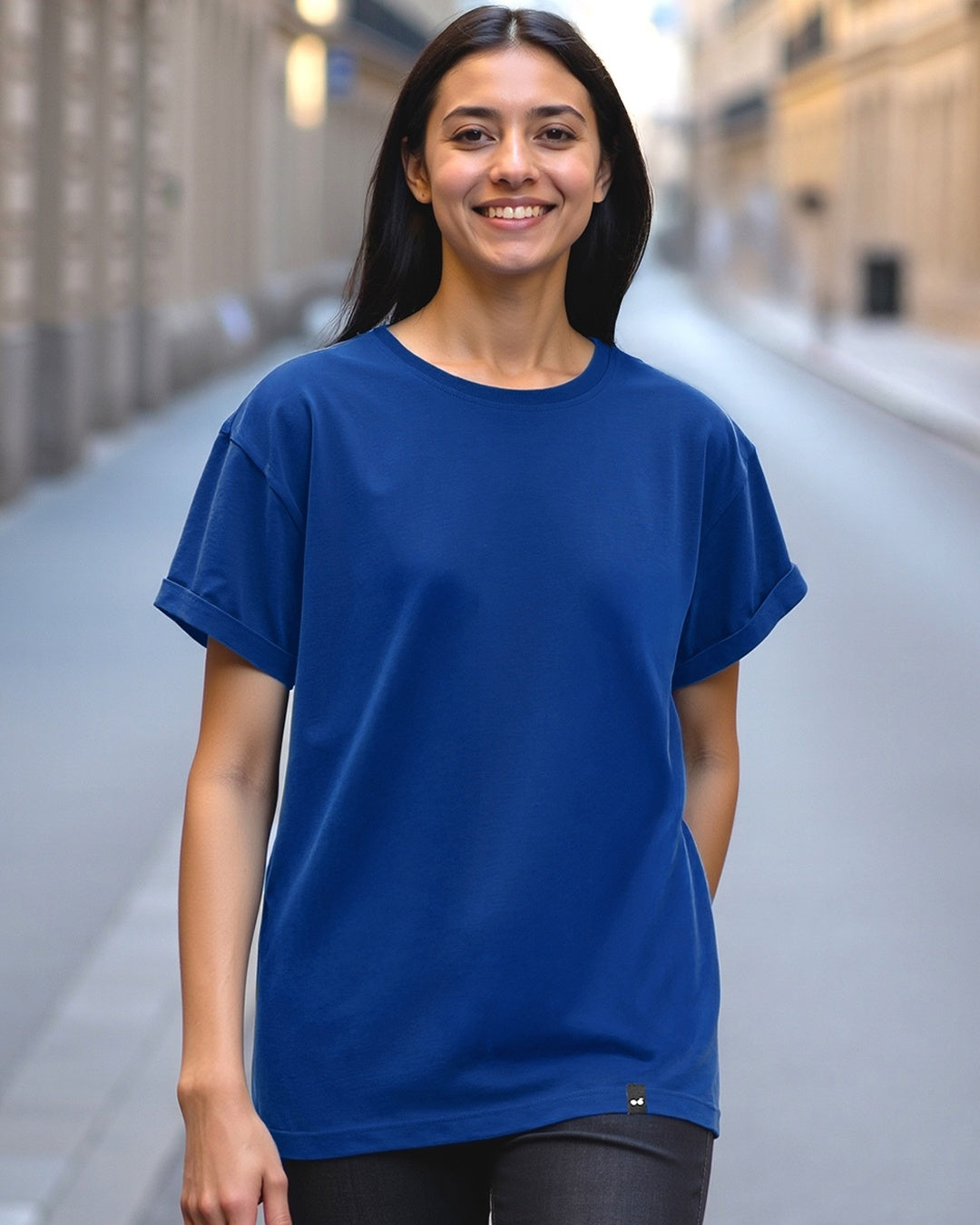 Women's Blue Casual Boyfriend Fit Solid Half Sleeves Tshirt