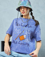 Women's Blue Leviosa Graphic Printed Oversized Acid Wash Tshirt