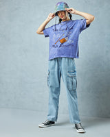 Women's Blue Leviosa Graphic Printed Oversized Acid Wash Tshirt