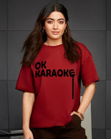 Women's Bold Red OK Karaoke Typography Oversized Tshirt