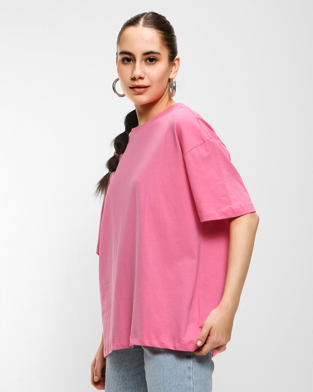 Women's Pink Casual Oversized Fit Solid Half Sleeves Tshirt