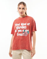Women's Orange Garden Graphic Printed Oversized Acid Wash Tshirt