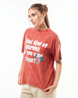 Women's Orange Garden Graphic Printed Oversized Acid Wash Tshirt