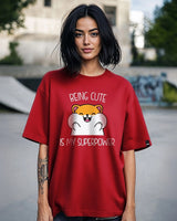 Women's Red Being Cute Is My Superpower Graphic Printed Oversized Tshirt