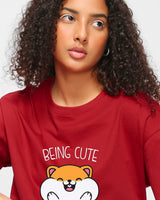 Women's Red Being Cute Is My Superpower Graphic Printed Oversized Tshirt