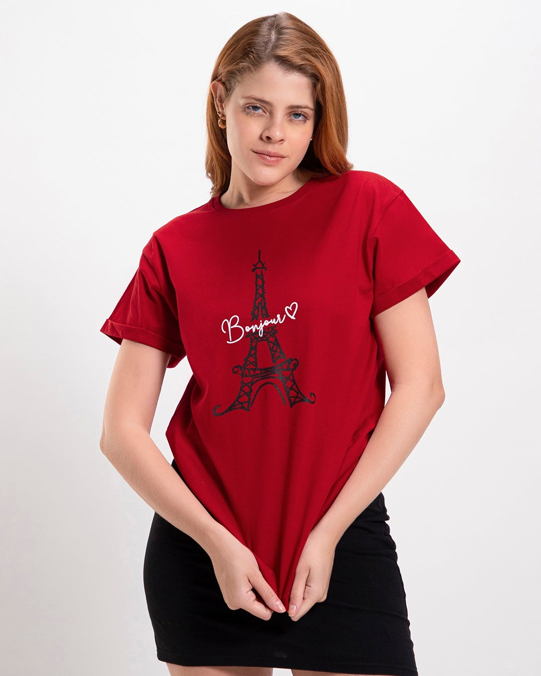 Women's Red Casual Boyfriend Fit Printed Half Sleeves Tshirt