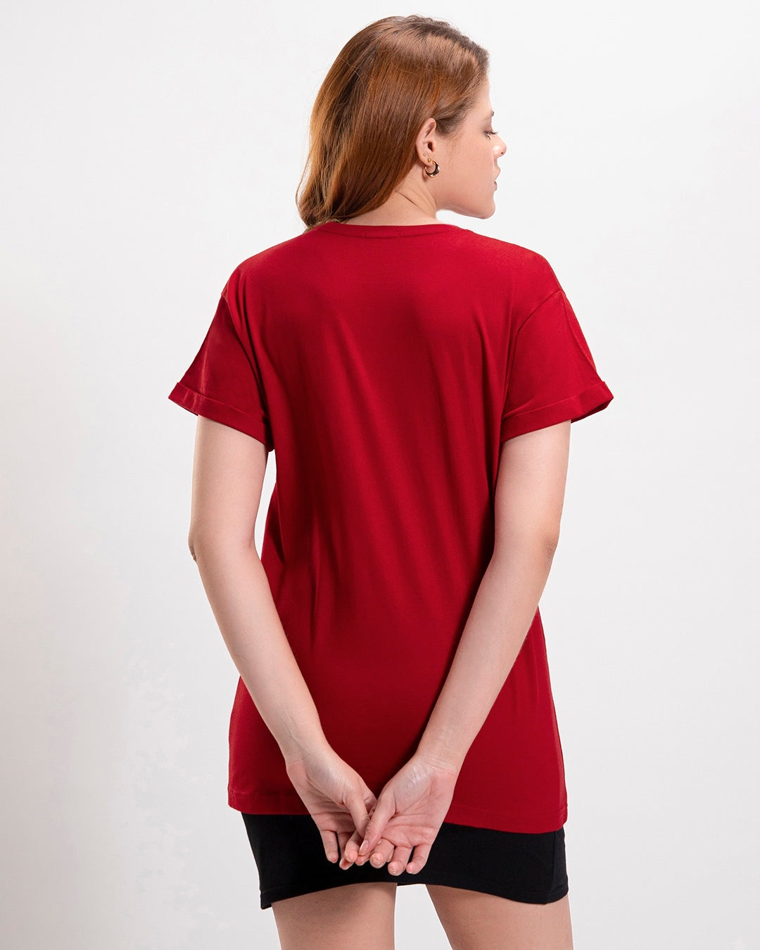 Women's Red Casual Boyfriend Fit Printed Half Sleeves Tshirt
