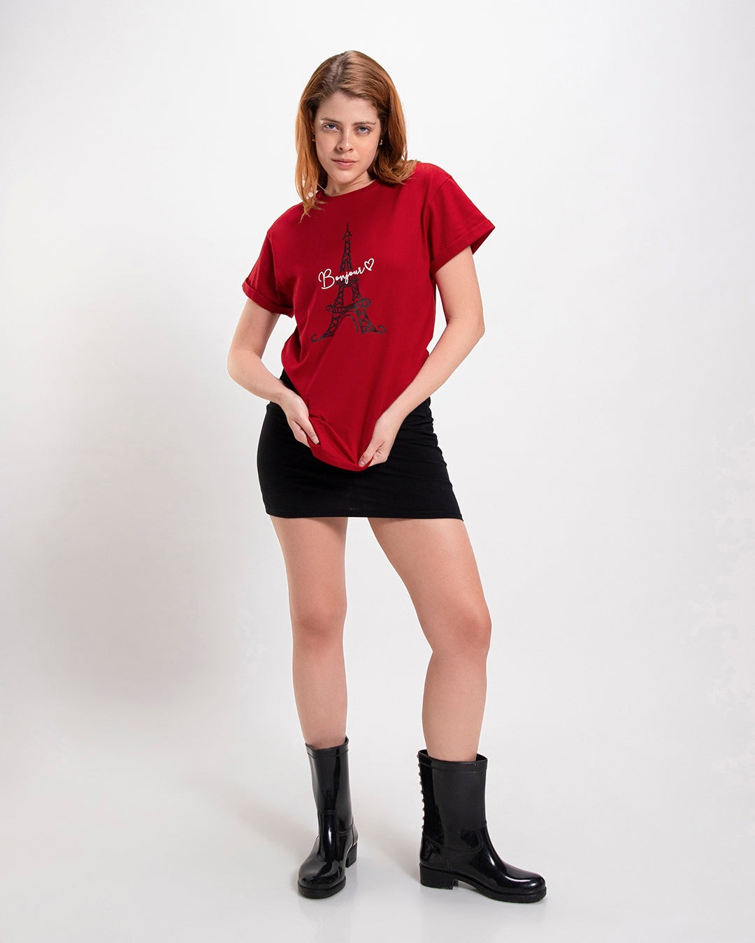 Women's Red Casual Boyfriend Fit Printed Half Sleeves Tshirt
