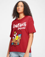 Women's Red Emotional Baggage Graphic Printed Oversized Tshirt