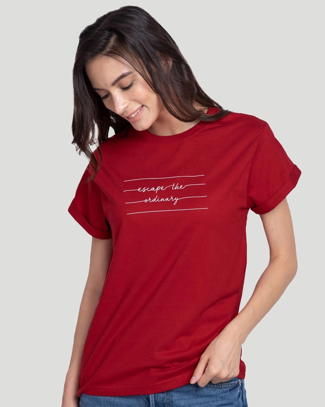 Women's Red Casual Boyfriend Fit Printed Half Sleeves Tshirt