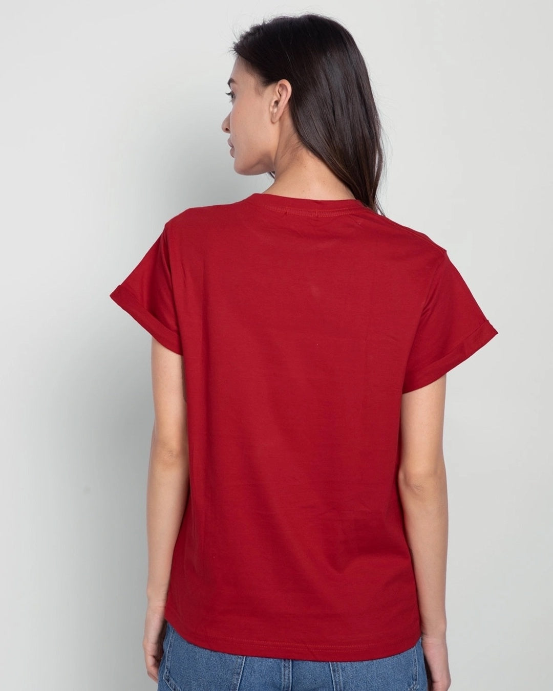 Women's Red Casual Boyfriend Fit Printed Half Sleeves Tshirt
