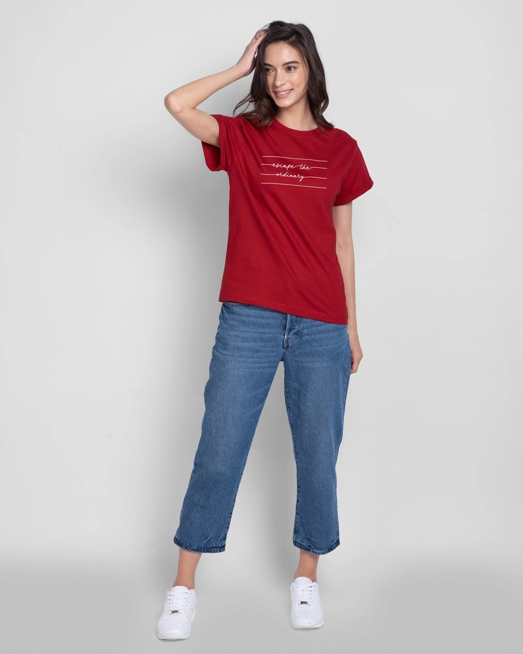Women's Red Casual Boyfriend Fit Printed Half Sleeves Tshirt