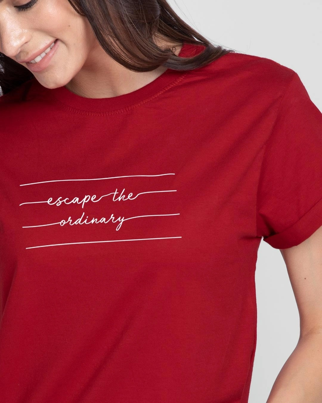 Women's Red Casual Boyfriend Fit Printed Half Sleeves Tshirt