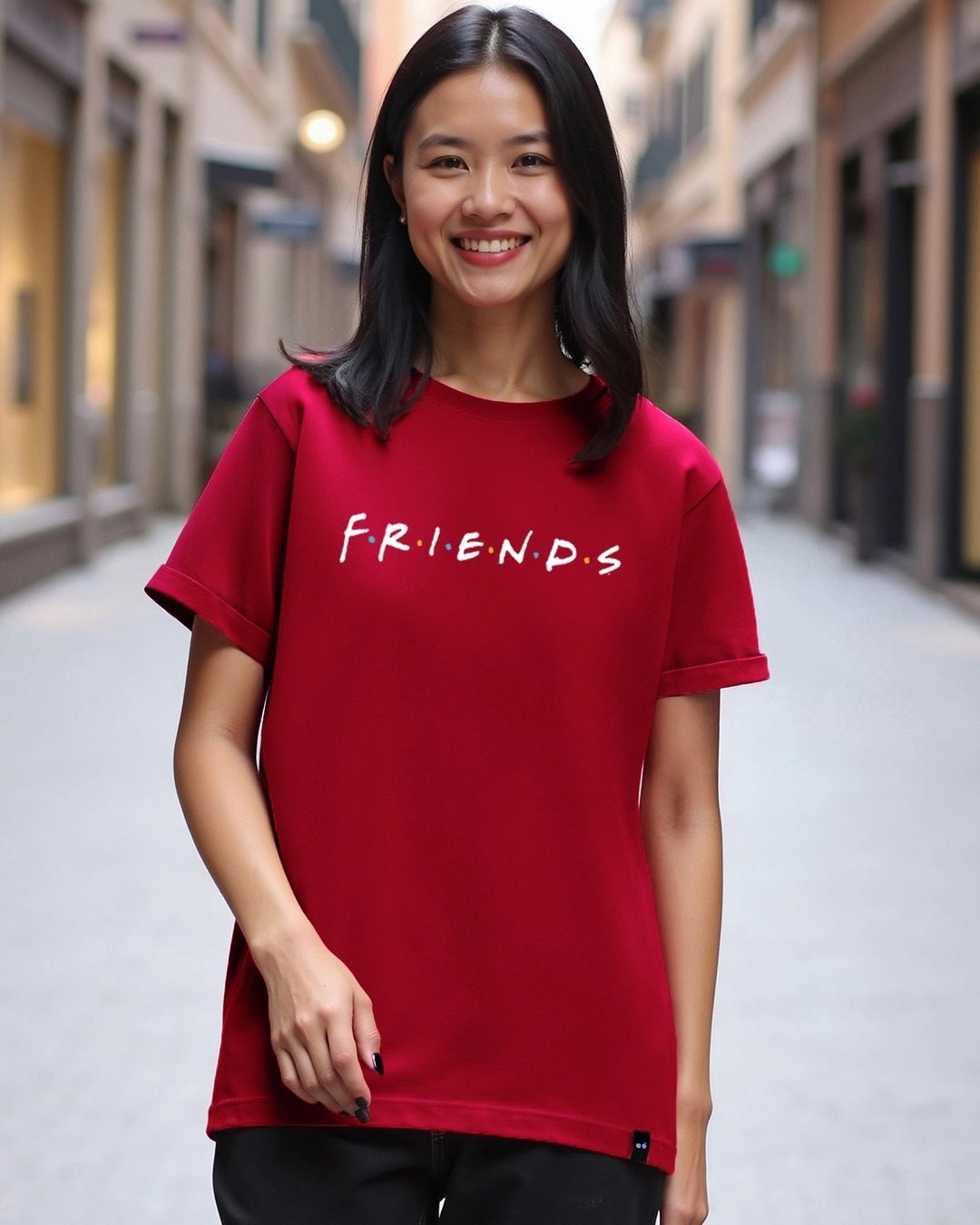 Women's Red Casaul Half Sleeves Boyfriend Tshirt