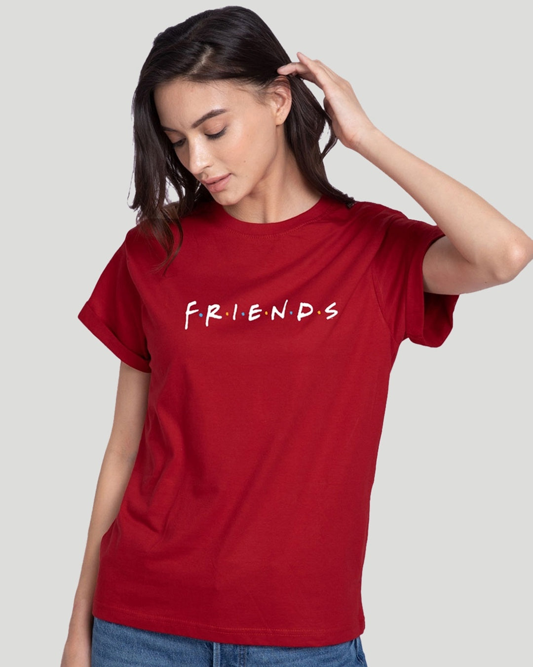 Women's Red Casaul Half Sleeves Boyfriend Tshirt