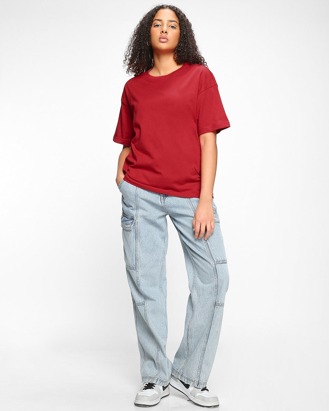Women's Red Casual Oversized Fit Solid Half Sleeves Tshirt