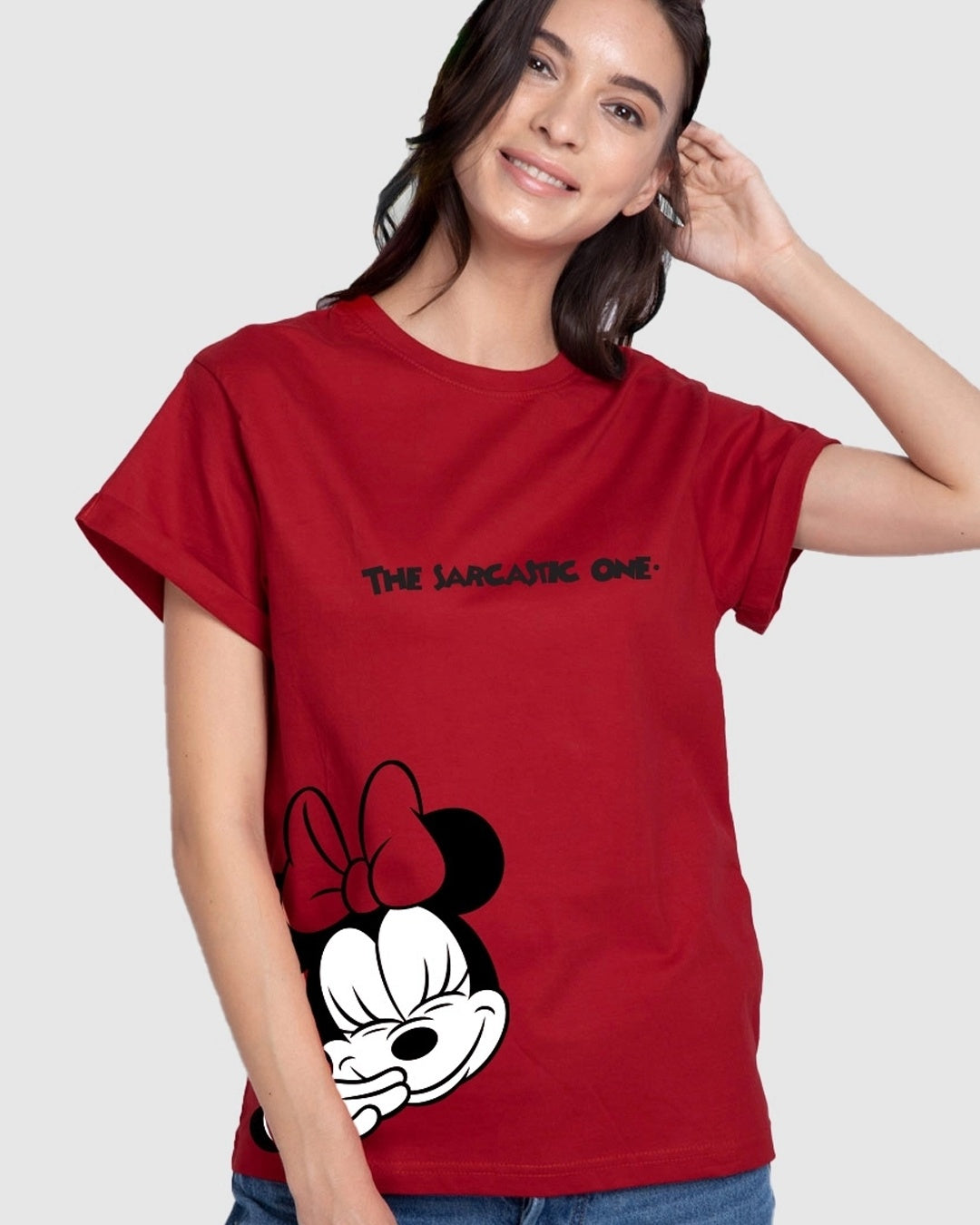 Women's Red Casual Boyfriend Fit Printed Half Sleeves Tshirt