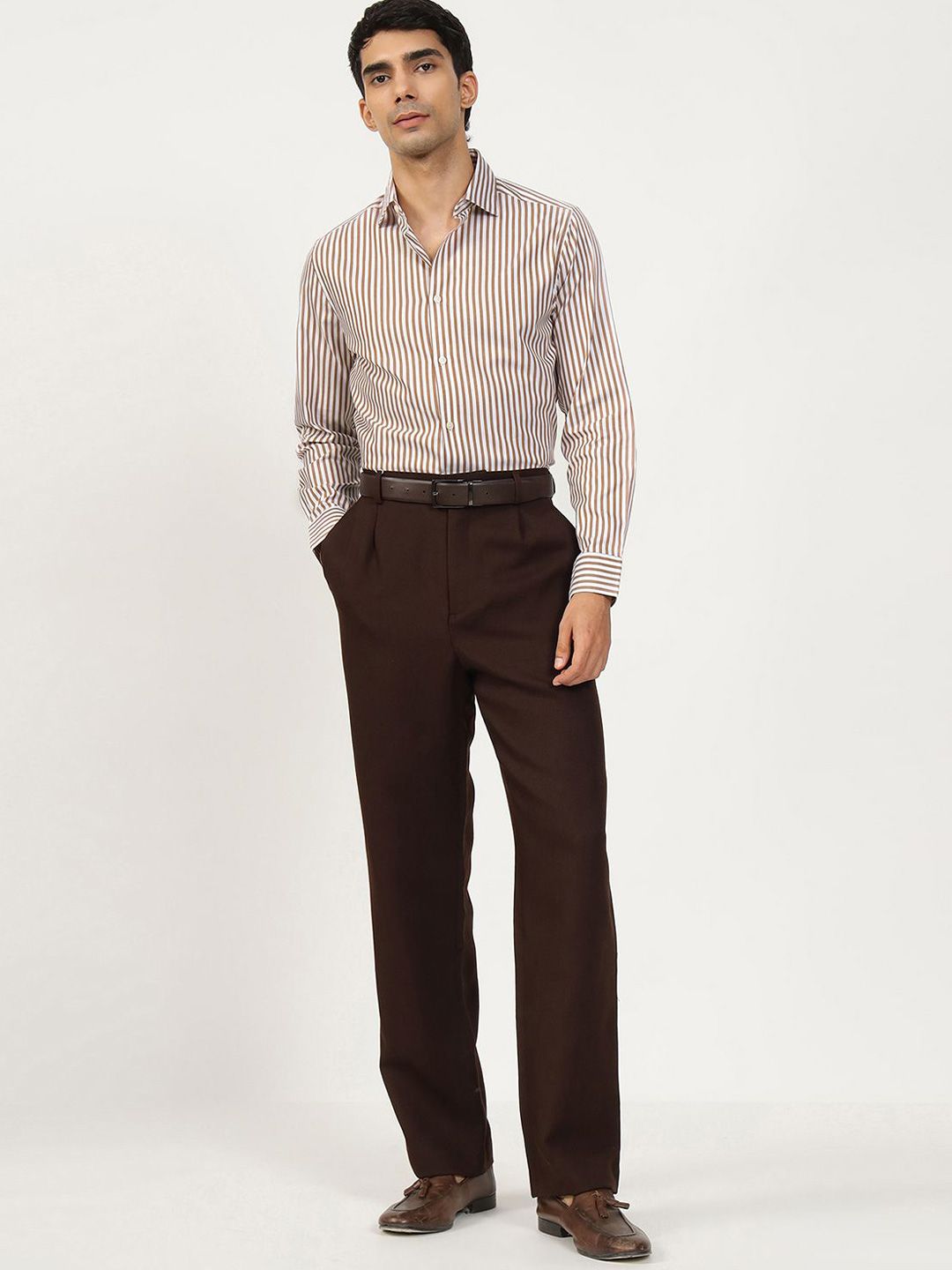 Men's Brown Casual Regular Fit Striped Full Sleeves Shirt