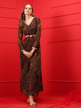Women's Brown Printed Midi-Length A-Line Cut-Out Ethnic Dress