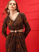 Women's Brown Printed Midi-Length A-Line Cut-Out Ethnic Dress