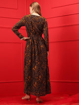 Women's Brown Printed Midi-Length A-Line Cut-Out Ethnic Dress