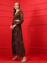 Women's Brown Printed Midi-Length A-Line Cut-Out Ethnic Dress
