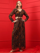 Women's Brown Printed Midi-Length A-Line Cut-Out Ethnic Dress