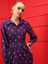 Women's Purple Printed Pleated A-Line Maxi Ethnic Dress