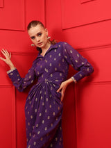 Women's Purple Printed Pleated A-Line Maxi Ethnic Dress