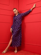 Women's Purple Printed Pleated A-Line Maxi Ethnic Dress