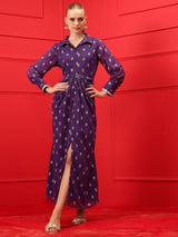 Women's Purple Printed Pleated A-Line Maxi Ethnic Dress