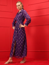 Women's Purple Printed Pleated A-Line Maxi Ethnic Dress