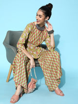 Women's Green Floral Printed Pure Cotton Kurti with Sharara